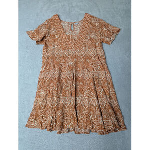 Bila-77 Dress Women's L Rust Cream Paisley Tiered Mini Boho Peasant